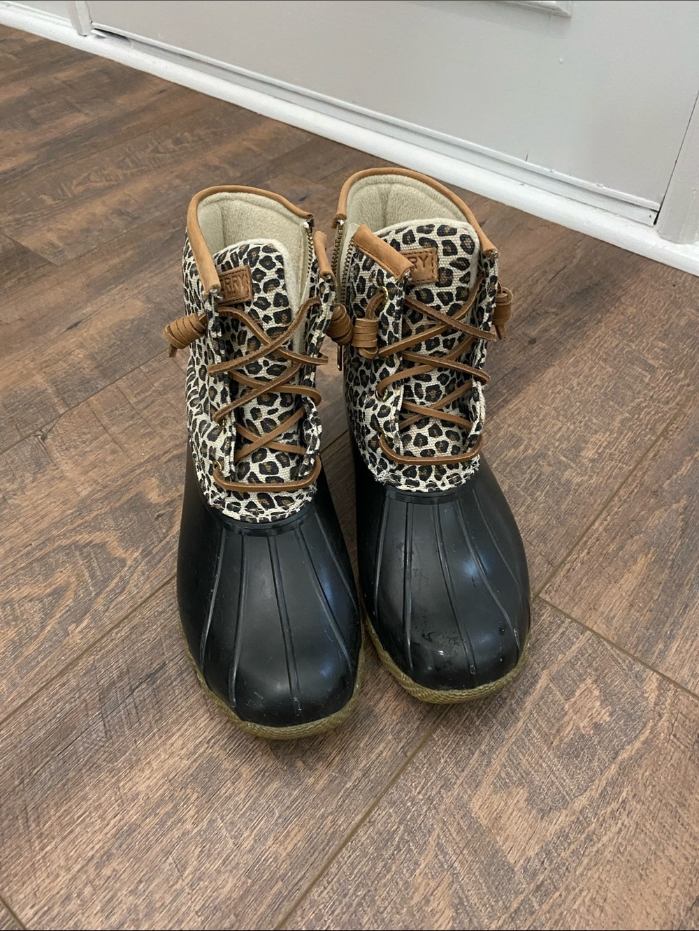 Sperry Leopard-Print Duck Boots with Black Rubber Lower - Picture 1 of 6